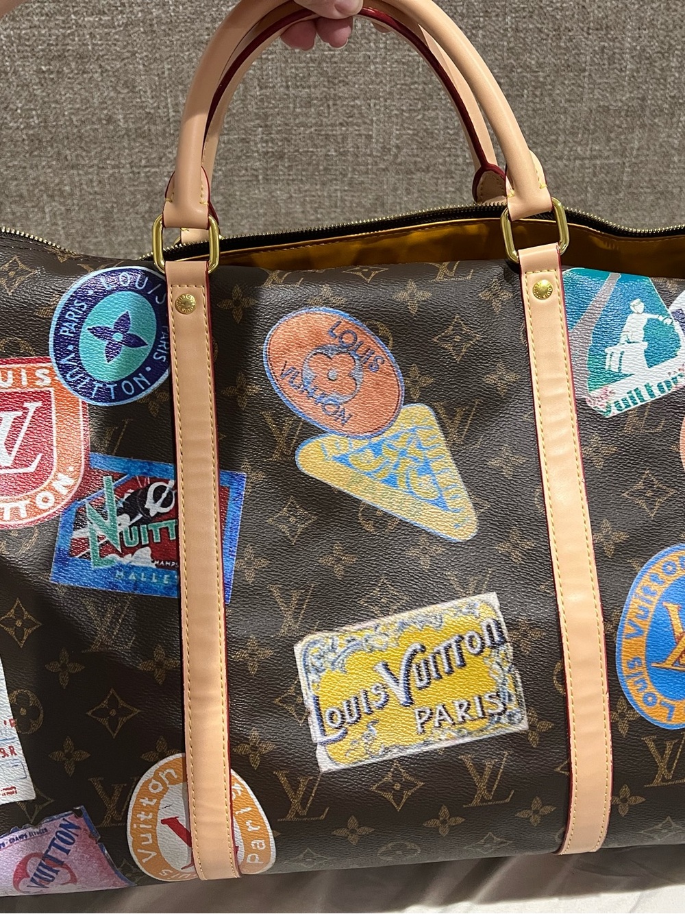 LVBrown Monogram Duffel with Multicolor Travel Sticker Weekender Bag